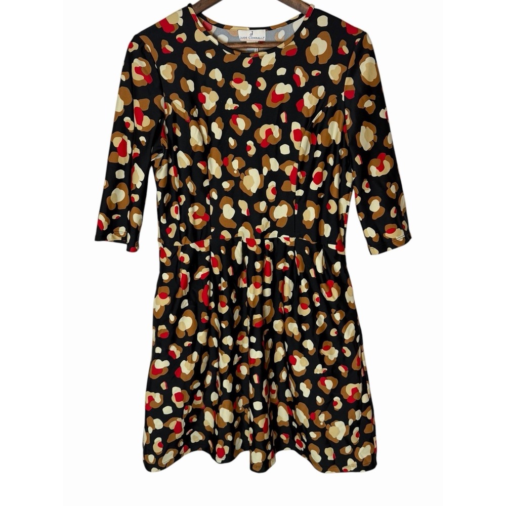 Jude Connally Womens Leopard Print Fit Flare Dress 3/4 Sleeve Black Red Tan sz M